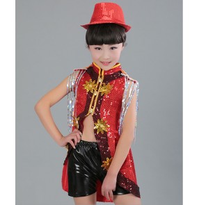 Children modern dance jazz dance costumes boys girls red black silver sequin tuxedo tops and shorts costumes
