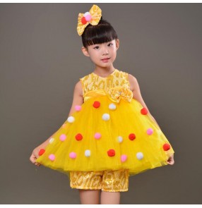 Children modern dance jazz princess dress yellow girls chorus singers stage model show dance dresses costumes