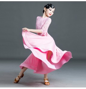 Children pink lace competition ballroom dance dresses waltz tango dance dress for girls