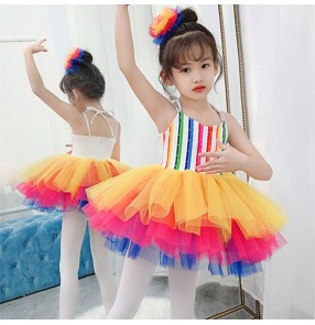 Children rainbow jazz dance costumes Girls stage Tutu skirts chorus princess sling dresses kids kindergarten performance costume