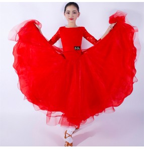 Children red turquoise Lace ballroom dancing dresses kids competition professional Long Sleeve dresses Children's Ballroom Dance Costume