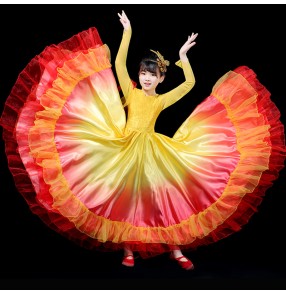 Children red yellow colored spanish flamenco dance dresses for girls ballroom opening dance costumes chorus swing skirts stage performance dress