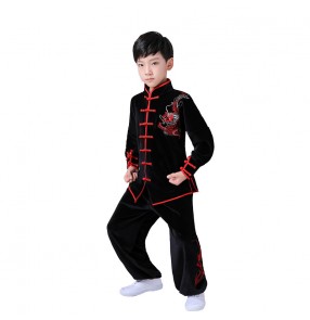 Children's chinese dragon martial arts costumes boy wushu performance clothes perform Tai Chi clothes long-sleeved autumn winter thick gold velvet kungfu clothing