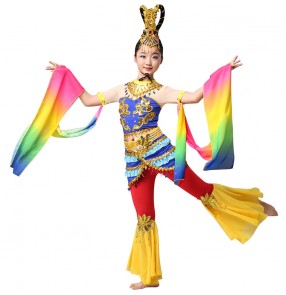 Children's chinese fairy flying folk dance costumes girls china classical dance costumes rainbow colored fairy dress Dunhuang dance costumes for kids
