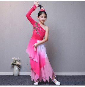 Children's Chinese folk traditional classical ancient dance costumes for kids girls Yangko fairy cosplay dress pink blue gradient colored stage performance clothes outfits costumes