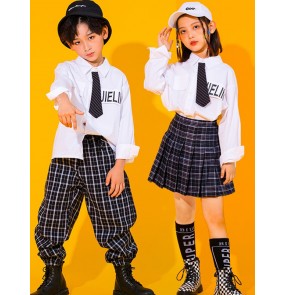 Children girls boys black with white plaid hip-hop street jazz dance  costumes rapper singers gogo dancers stage performance outfits model show  catwalk