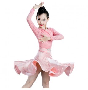 Children's pink lace Latin dance costumes for girls ballroom latin dance dresses Children's Latin dance skirts Competition performance clothes Long sleeves