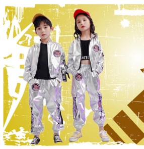 Children silver glitter jazz hiphop street dance costumes jazz gogo dancers vedio shooting stage performance costumes for girls boys