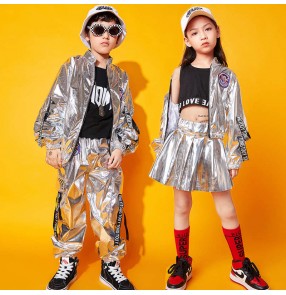 Children silver pu leather street hip-hop jazz dance costumes boys rapper singers gogo dancers drum outfits for girls jazz dance clothes hiphop outfits  tide clothes