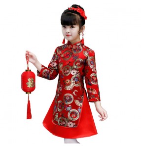 Children stage performance cheongsam chinese qipao dresses Winter Tang suit girl ancient costume red Chinese style New Year's clothing New Year costume