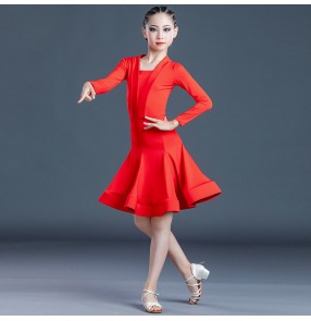 Children violet red blue Latin dance Dresses Girls long-sleeved dance skirt grading competition latin performance costumes