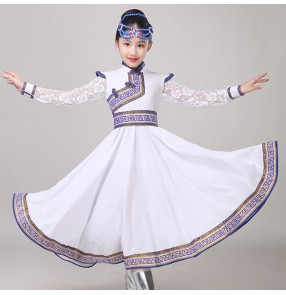 Children white colored Mongolian dance costumes girls Chinese folk dance costumes drama cosplay robes