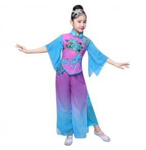 Chinese folk dance costumes for girls kids children ancient traditional blue violet fairy yangko fan dance umbrella oriental dance cosplay dresses