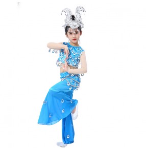 Chinese folk dance dress for girls kids Dai classical belly dance fish singing costumes turquoise color belly dance dresses for girls