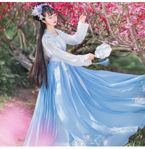 Chinese han tang qing ming pink blue Hanfu photos shooting fairy princess cosplay dresses women's embroidered Chinese style elegant big-sleeved shirt full waist skirt