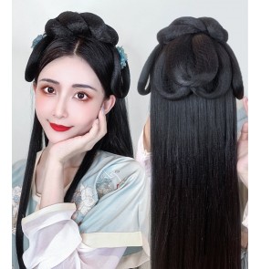 Chinese traditional folk Hanfu fairy dress Wig Hair Accessories Hair Bun Ancient classical dance Costume Modeling Hair Band princess long straight hair Headdress