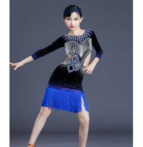 Competition latin dance dresses for kids girls royal blue velvet rhinestones fringes stage performance latin dance costumes for children