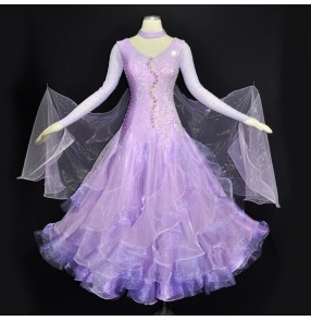Custom size ballroom dance dresses for women female girls violet rhinestones professional competition waltz tango long dresses