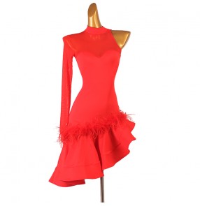 Custom size black red feather one shoulder latin dance dress for girls kids women ballroom salsa rumba dance dress modern dance skirts for female