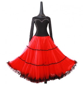 Custom size Black with red rhinestones competition ballroom dance dress for women girls professional stage performance waltz tango foxtrot ballroom dance dress for female