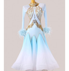 Custom size blue with white gradient colored feather diamond ballroom dance dress for women girls handmade waltz tango flamenco dancing long dresses for lady