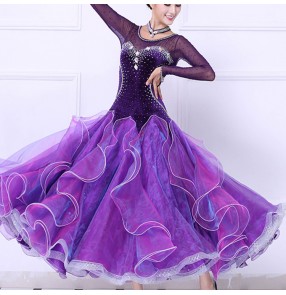 Custom size competition ballroom dance dresses for girls female violet fuchsia velvet diamond professional waltz tango dance flamenco dresses