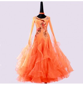Custom size competition ballroom dance dresses rhinestones for women girls pink orange professional waltz tango long length skirt dresses