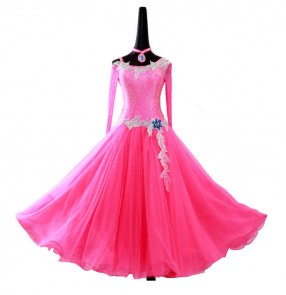 Custom size competition professional rhinestones ballroom dance dresses for women female pink mint red long sleeves waltz tango dance dresses