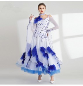 Custom size handmade competition women's professional ballroom dance dresses waltz tango flamenco white with blue diamond dress