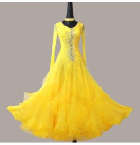 Custom size handmade yellow competition ballroom dance dresses for female girls lycra waltz tango flamenco professional dance dresses