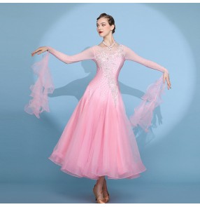 Custom size light pink competition ballroom dance dresses with gemstones for women girls kids children professional waltz tango ballroom dancing dress