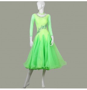 Custom size long sleeves Green color women girls competition ballroom dance dress big swing ballroom dance skirt waltz tango dance dresses