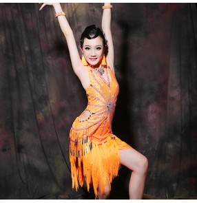 Custom size orange colored girls women's competition latin dance dresses rhinestones tassels samba chacha salsa dance dresses