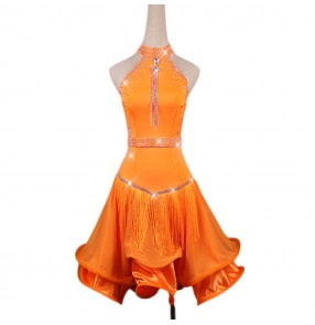 Custom size orange stones girls women competition latin dance dresses