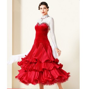 Custom size Red velvet with white competition professional ballroom dance dresses for women girls female waltz tango foxtrot standard smooth dance dresses