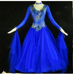 Custom size royal blue competition ballroom dance dress for women girls stage performance rhinestones waltz tango dance dress ballroom dance costumes