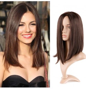 Female Brown long straight hair bobo wig female synthetic wig brown straight hair Clavicle wig