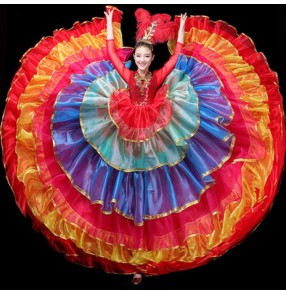 Flamenco dress  for women red rainbow colored bull dance spanish stage performance samba opening dance chorus stage performance dresses