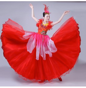 Flamenco dresses Spanish bull dance dresses red yellow colored for women female petals opening folk dance big skirted dresses