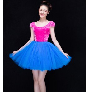 Fuchsia hot pink royal blue puff skirted velvet top patchwork fashion modern dance girls party cos play stage performance singer jazz dancing dresses outfits