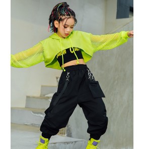 Girls black with green rap hiphop jazz dance costumes navel hip-hop street dance suit gogo dancers solo singers performance outfits model show catwalk wear for girl