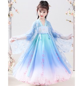 Girls blue gradient colored chinese hanfu kimono dresses fairy princess dresses Chinese Tang suit Children folk dance costume fairy sakura skirt dress