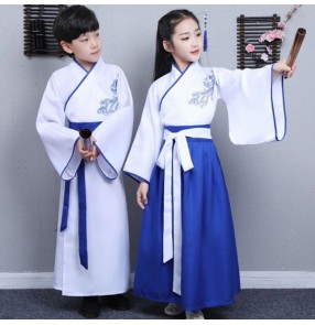 Girls boys kids children blue colored hanfu stage performance chinese folk dance costumes drama cosplay korean japanese kimono dresses
