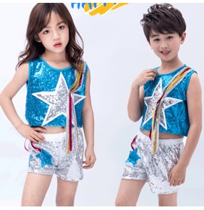 Girls boys modern dance jazz dance costumes blue with silver sequin hiphop gogo dancers performance outfits costumes