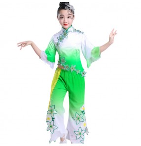 Girls chinese folk dance costumes ancient fairy yangko fan dance shcool competition stage performance drama photos cosplay dresses