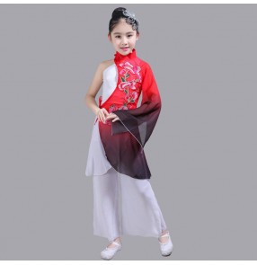 Girls chinese folk dance costumes Children China ancient traditional yangko fan dance fairy red gradient color dance studio cosplay dresses