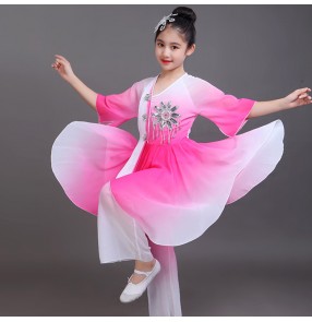 Girls Chinese folk dance costumes children kids pink green blue colored fairy drama traditional yangko classical fan dancing clothes dresses
