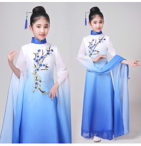 Girls chinese folk dance costumes classical dance dress white with blue ancient traditional hanfu drama cosplay anime water sleeves fairy cosplay dresses