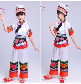 Girls chinese folk dance costumes kids children YI dali Bai minority stage performance costumes dresses