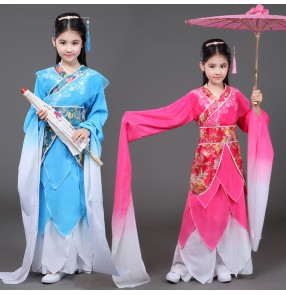 Girls chinese folk dance dresses for kids children waterfall sleeves pink blue ancient traditional classical fairy dancing dynasty princess drama cosplay costumes